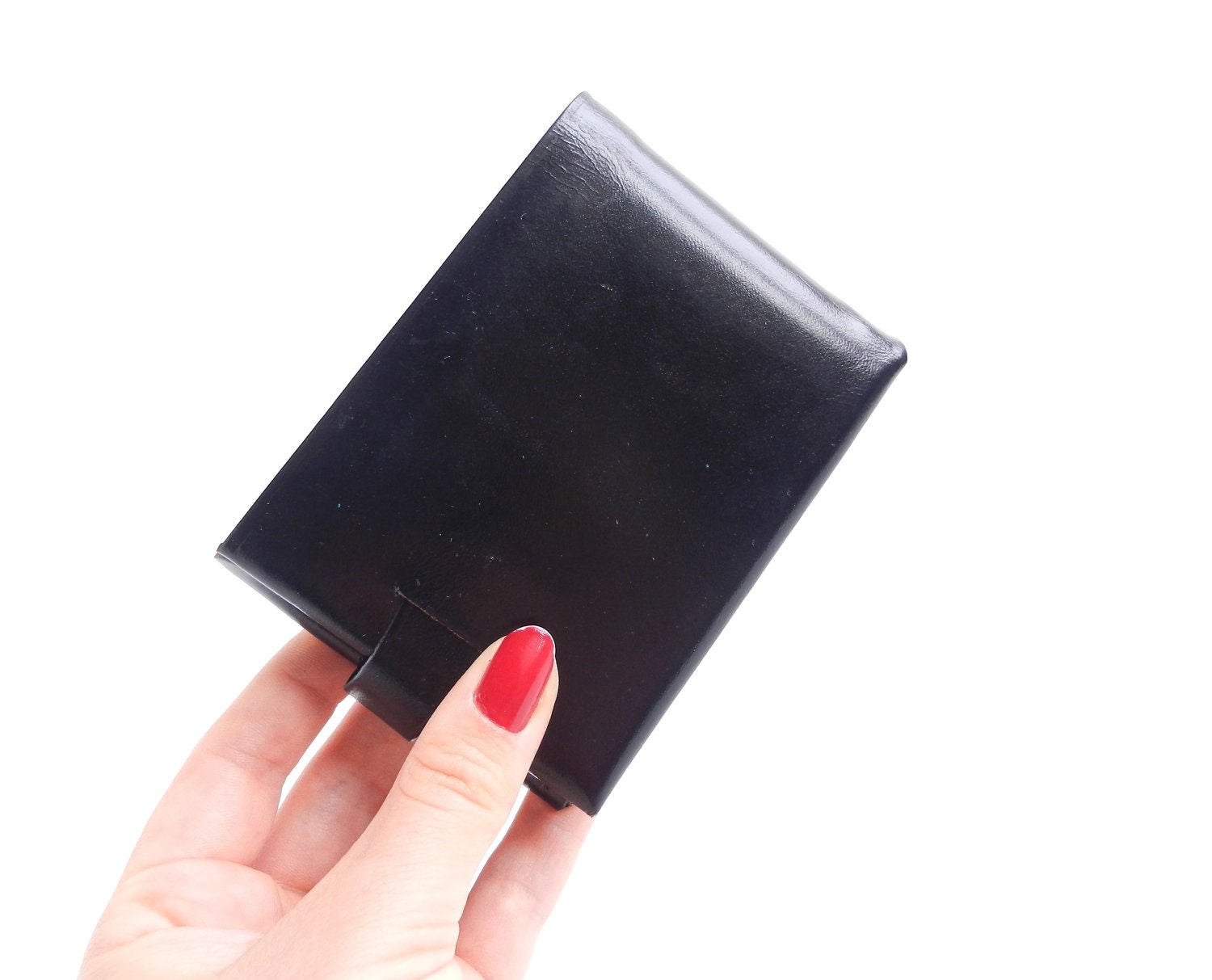 Black Leather Wallet - Mid Century Jonathan Haager Change Purse / Chic Floral Filigree