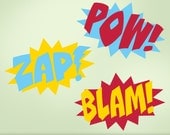 Vinyl Wall Decal: Set of 3 Comic Book Sound Effect Bursts in Three Colors, Blam, Zap, Pow, Superhero, Super Hero, Boys, Girls, efx