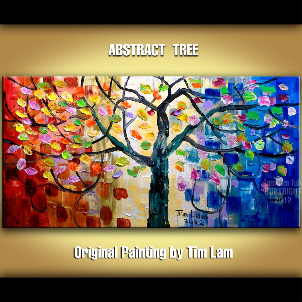 Original large impasto abstract texture acrylic painting, whimsical Surreal Blossom Tree Art modern home decor wall art by Tim Lam 48x24