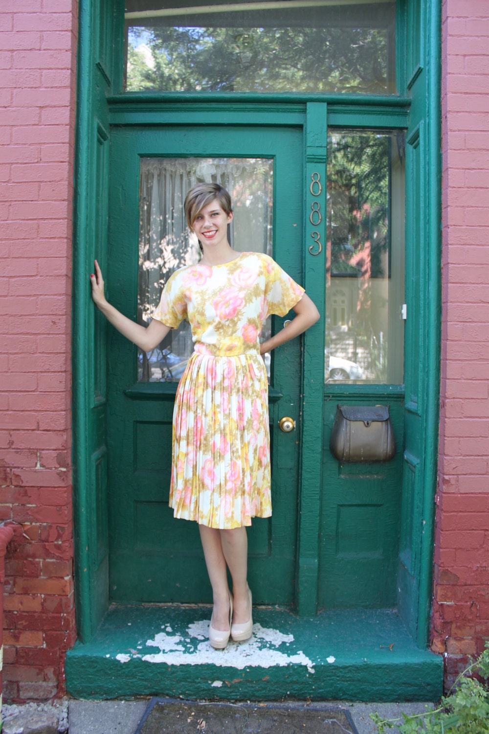 Dress 1950s Vintage 50s Pink Floral Rockabilly Full Skirt L Large