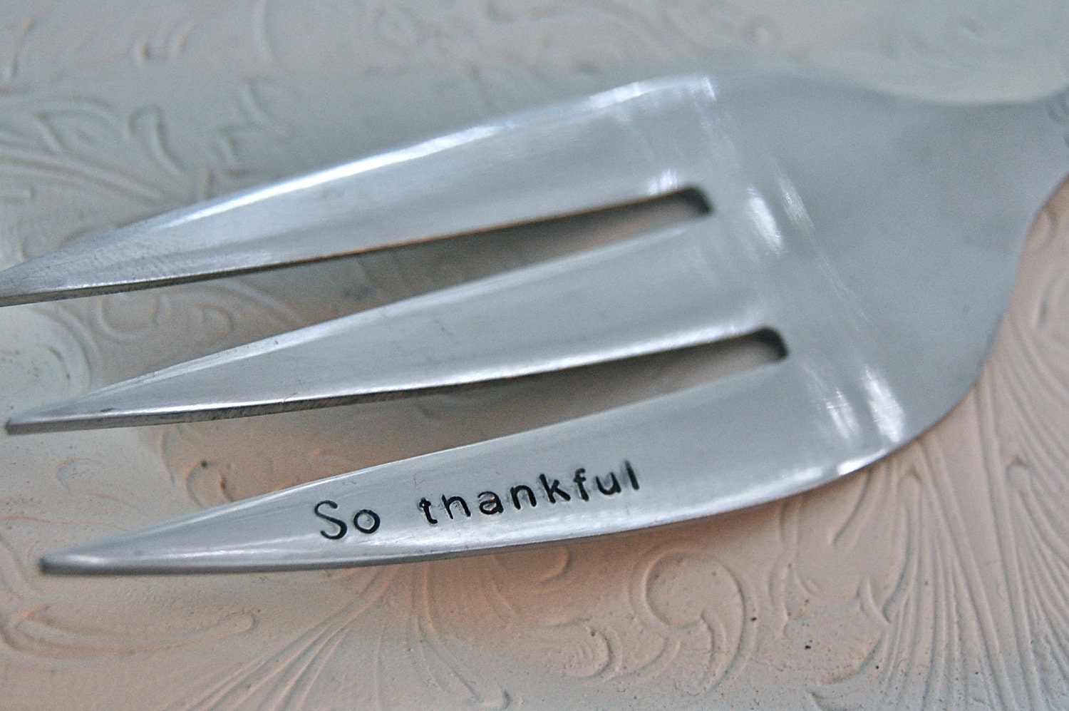 Thanksgiving dinner utensil, hand stamped "So thankful" serving fork
