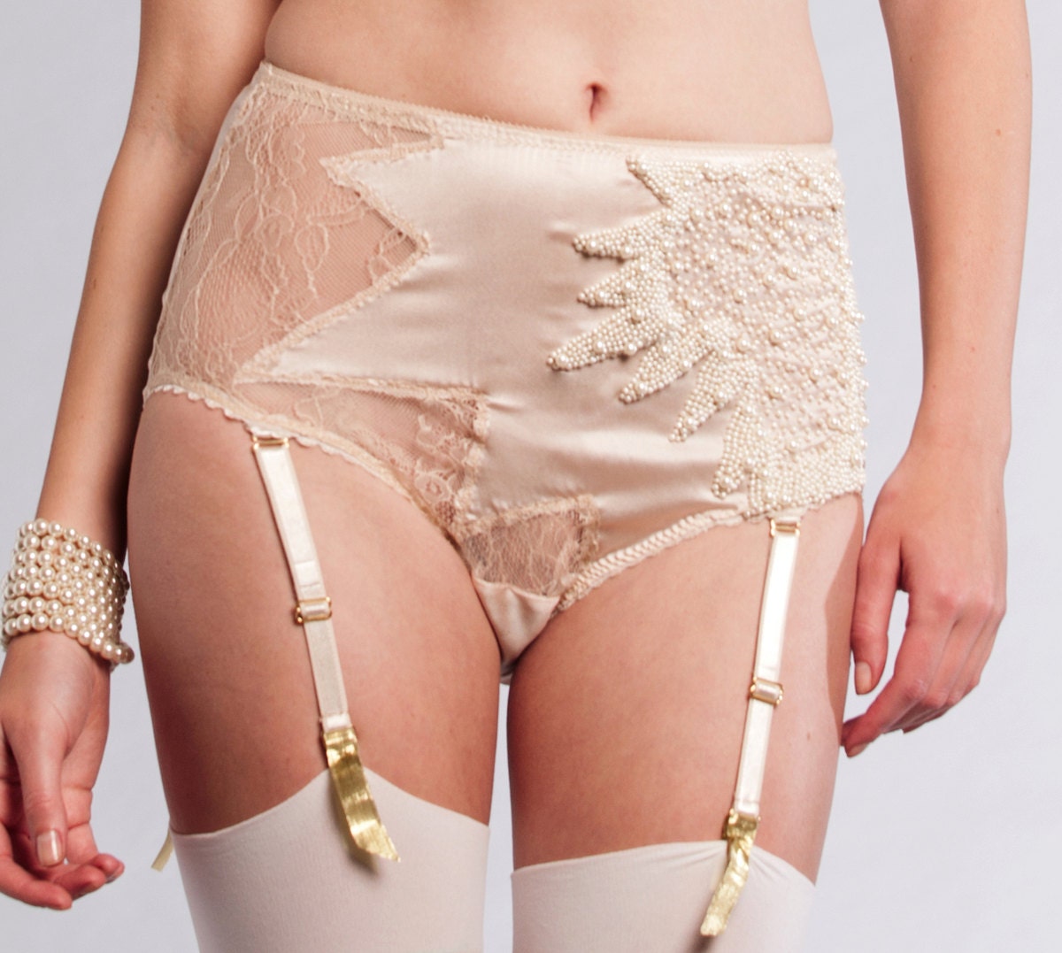 Etsy Lingerie sale , Lily Pearl Champagne silk  High waist suspender Panties - Wedding lingerie Brief