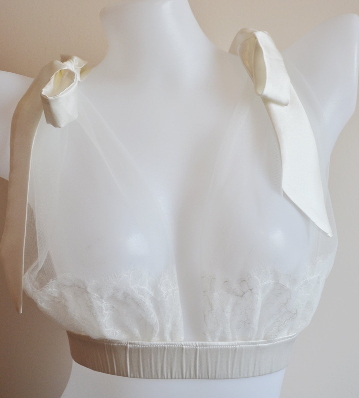 BELLE Bridal Grecian Tulle Bra with silk satin Bows - White wedding Bra - Free shipping
