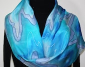 Hand Painted Silk Scarf Love Waterfall. Silk Scarf in Turquoise and Steel Blue. Size 11x60. Made in Colorado. 100% silk. MADE TO ORDER.