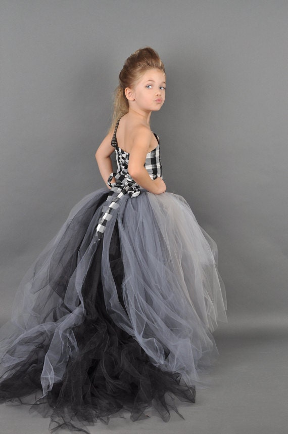 One Shoulder Flower Girl Dress w Mullet Skirt Tutu and Detachable Train--Rock n Roll Color Block--Perfect for Weddings