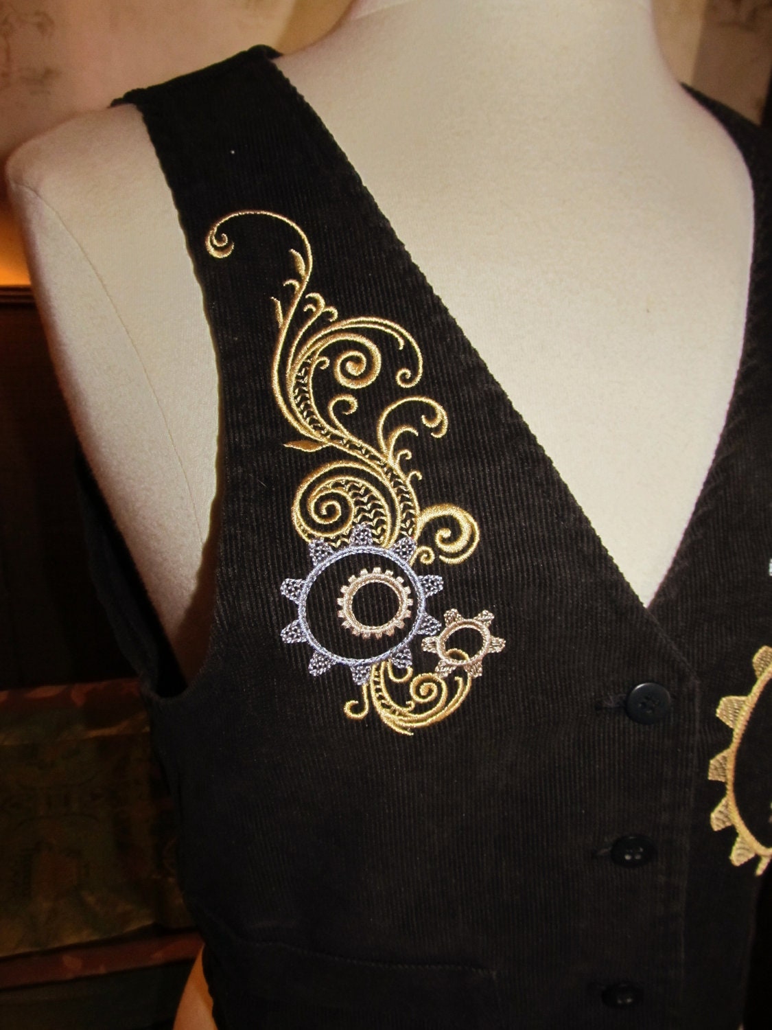 Brown Corduroy STEAMPUNK Vest - vintage vest with new embroidered gears & swirls Womens S/M