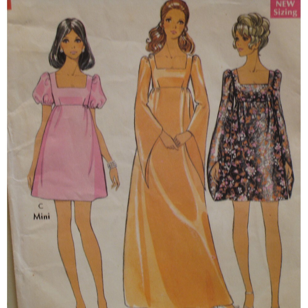 Empire Waist Mini Dress Pattern, Flowing Sleeves, Square Neck, Vintage 1960s Style No. 2608 Size 10 (Bust 32.5", 83cm)