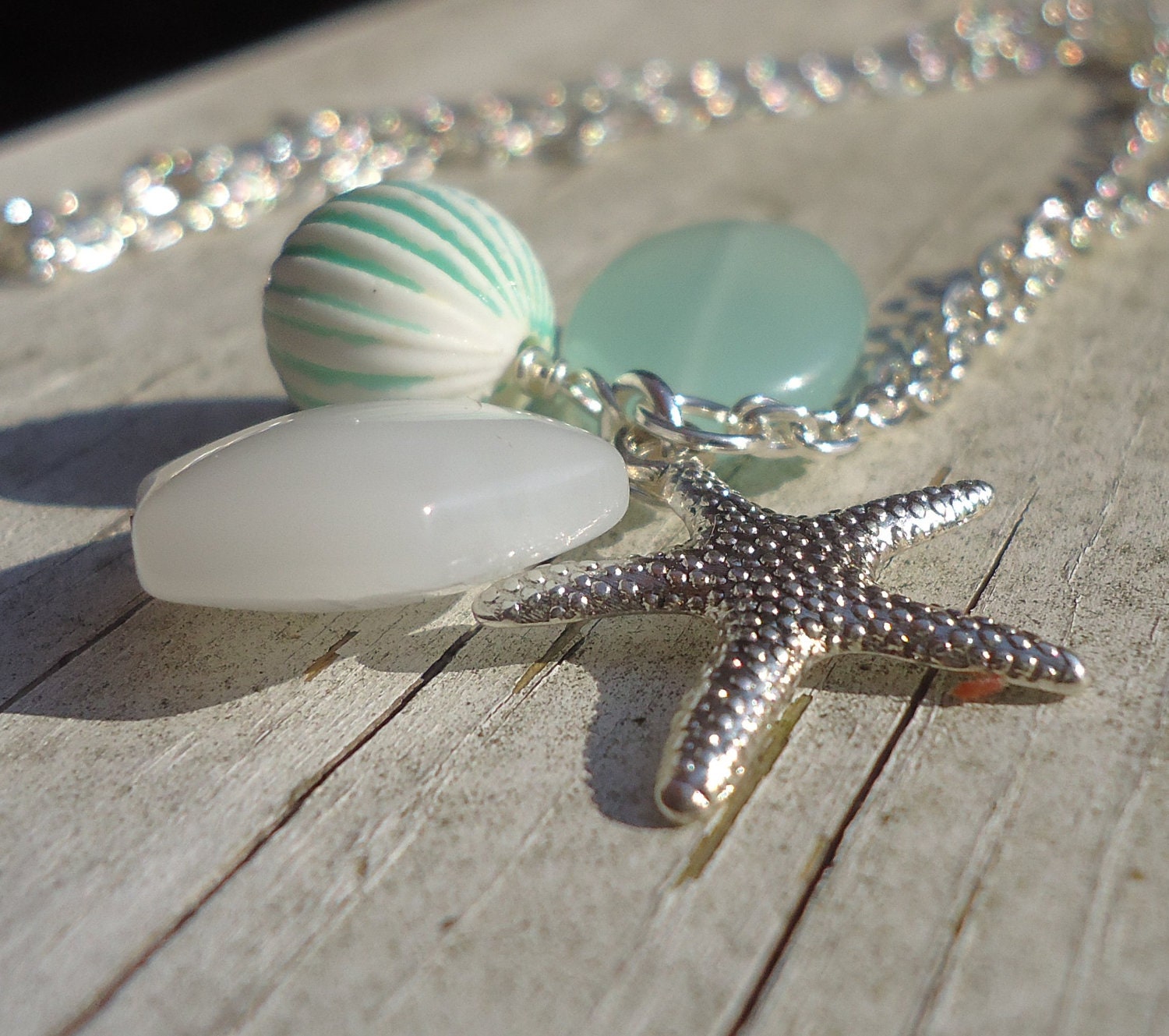 Starfish Charm Necklace - Blue Green Sea Ocean Beach Glass Lucite Silver Long Necklace