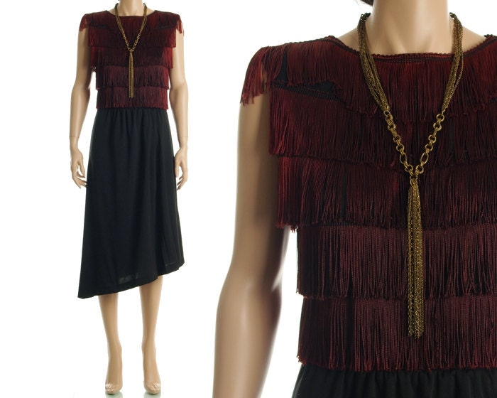 Vintage 70s Flapper Dress - Black Burgundy Avant Garde Fringe Party Dress - S / M