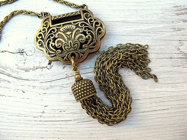 Long Tassel Necklace in Antique Brass Rope Chain with Victorian Inspired Filigree Pendant