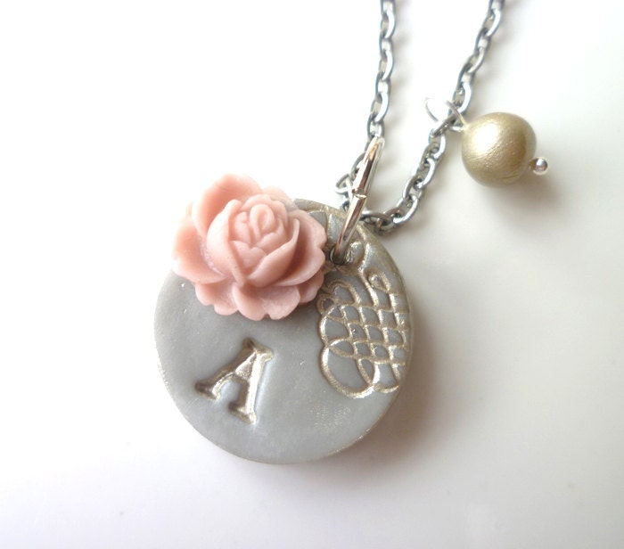 Custom Letter Necklace - Shabby Chic - Romantic - Antique-Vintage- Gray and Silver