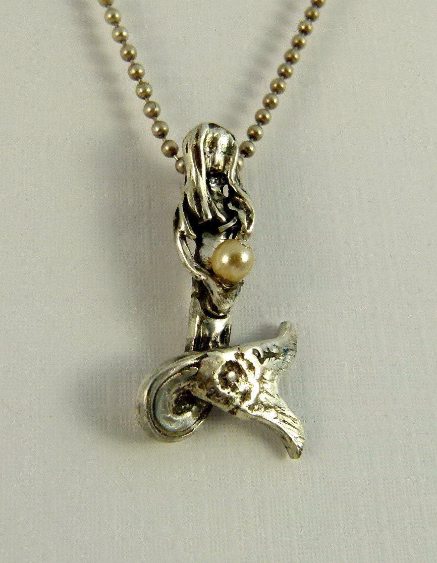 Mermaid Misty Loves The Ocean - Repurposed Sterling, Sterling Silverware, A Pearl, and PMC - Art Jewelry Pendant - 846