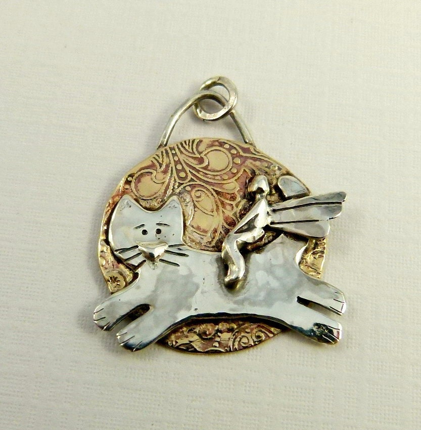 Angel Kailee And Her Cat Klondike - Repurposed Sterling, Brass, And PMC - Art Jewelry Pendant - 852