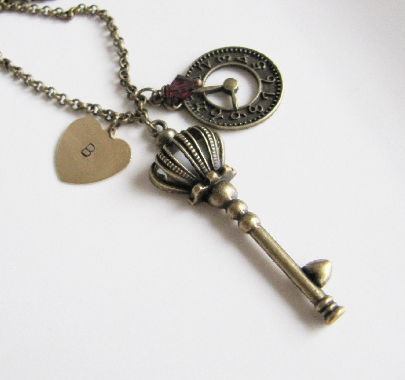 Initial necklace, jewelry, personalized jewelry, charm necklace, gift for her, key necklace, hand stamped, vintage style