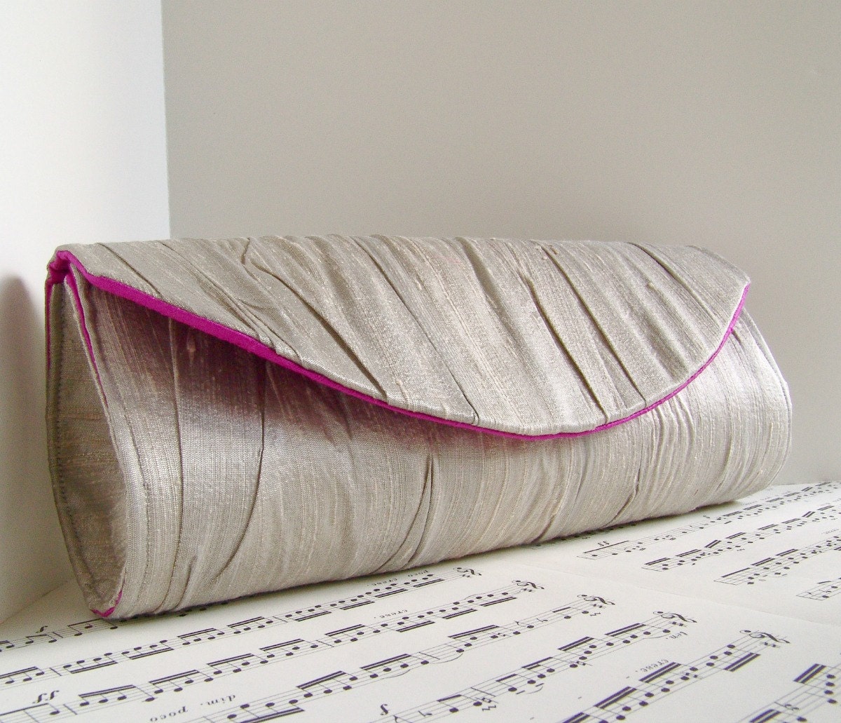 Gathered silk clutch. Custom bridesmaid bag. Optional personalized label. Bridal Wedding clutch