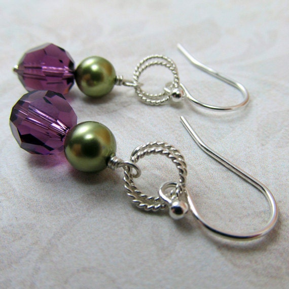 Purple Amethyst Crystal Green Pearl Twisted Silver Earrings