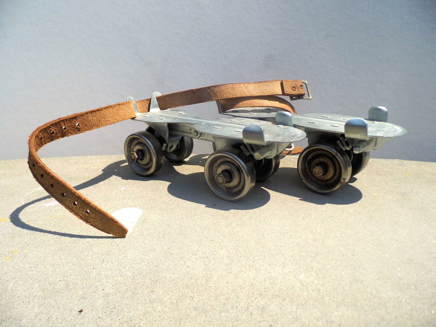 Vintage Metal Skates, Adjustable Metal Skates, Mid Century Toy, Metal Skates with Leather Straps