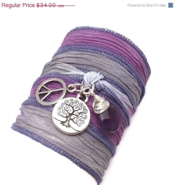 Silk Wrap Bracelet with Tree of Life, Peace Sign, and Amethyst, yoga jewelry, wrapped wrapping bracelet, wrap around,wrist wrap