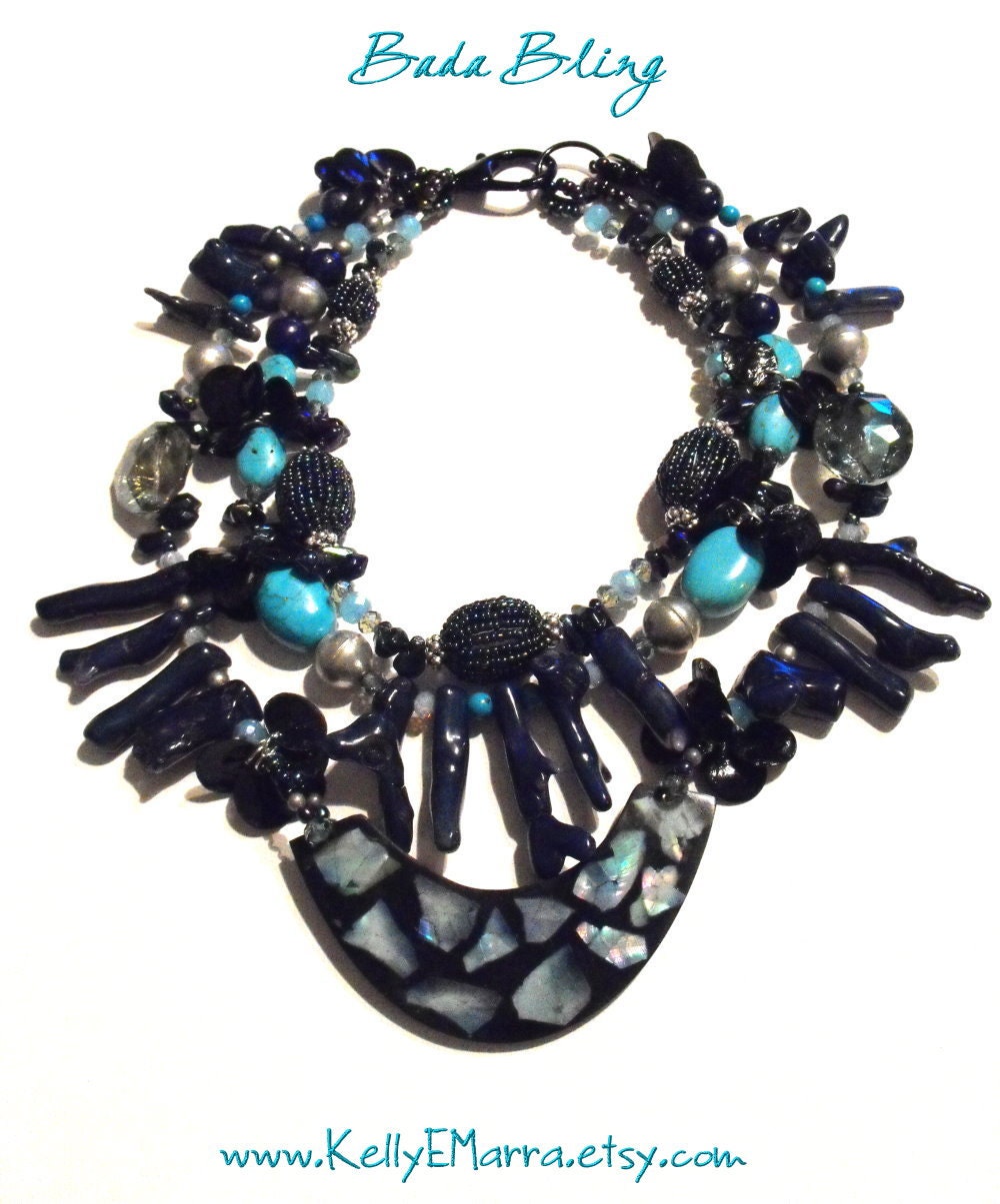 Mermaid Queen Necklace with Unique Vintage Bib Pendant - Natural & Organic Gem Stone Statement Necklace by Texas Artist -Kelly E. Marra