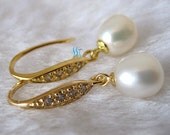 Dangle Earrings - 7.0-8.5mm White Freshwater Pearl Dangle Earrings D6S Y - Free shipping