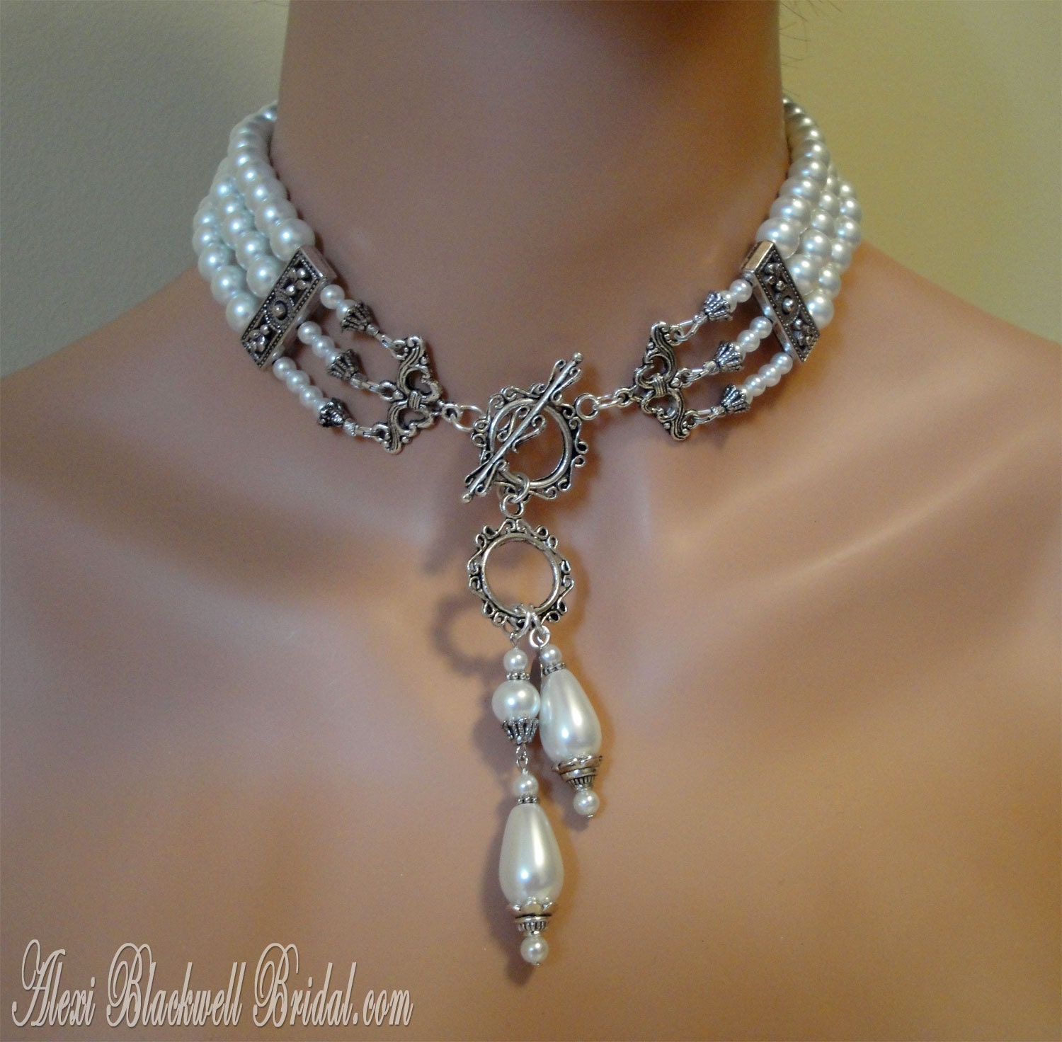 Pearl Choker Necklace Set includes Earrings Victorian style Elegant 3 Strands White or Your Color Choice glass pearls bridal wedding jewelry