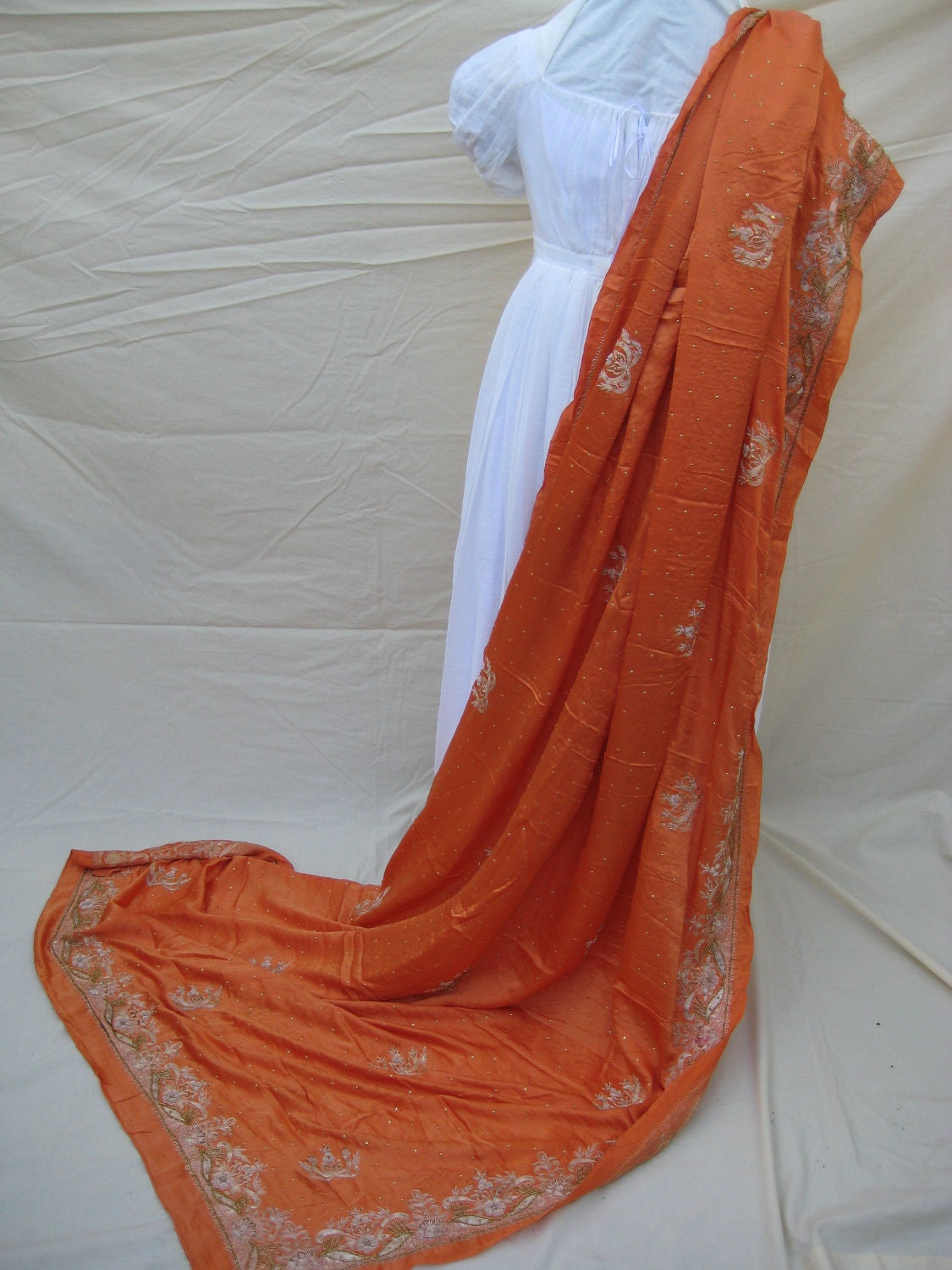 Antique SILK Shawl/Stole. Regency Style MUST SEE. Orange Silk Satin. Hand embroidered in silver gilt threads - RegencyRegalia