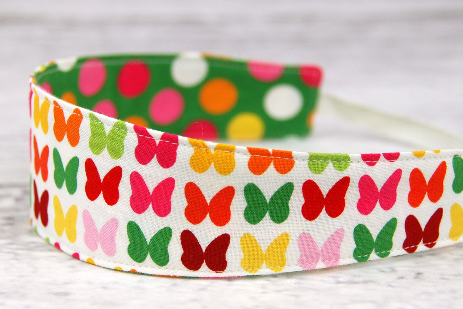 Reversible Headband- Children Toddler in Remix Green Yellow Pink Butterflies and Polka Dots