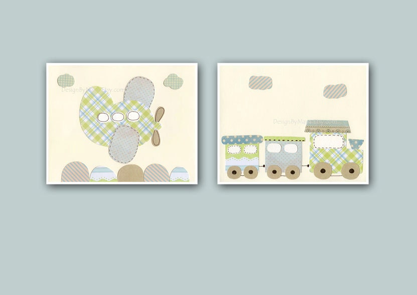 Nursery decor, kids art decor, nursery wall art // Airplain, choo choo train // Gray green blue // pottery barn bedding // Set of 2 11x14