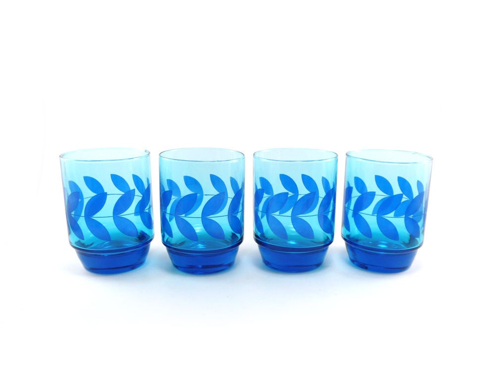 Cobalt blue vintage rocks glasses - set of 4 drinking tumblers retro aqua neon glassware