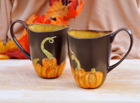 Set of Two Coffee Mugs - Made to Order Pumpkin Coffee Cups - Hand painted - Autumn Home Decor - Christmas Kitchen Decor