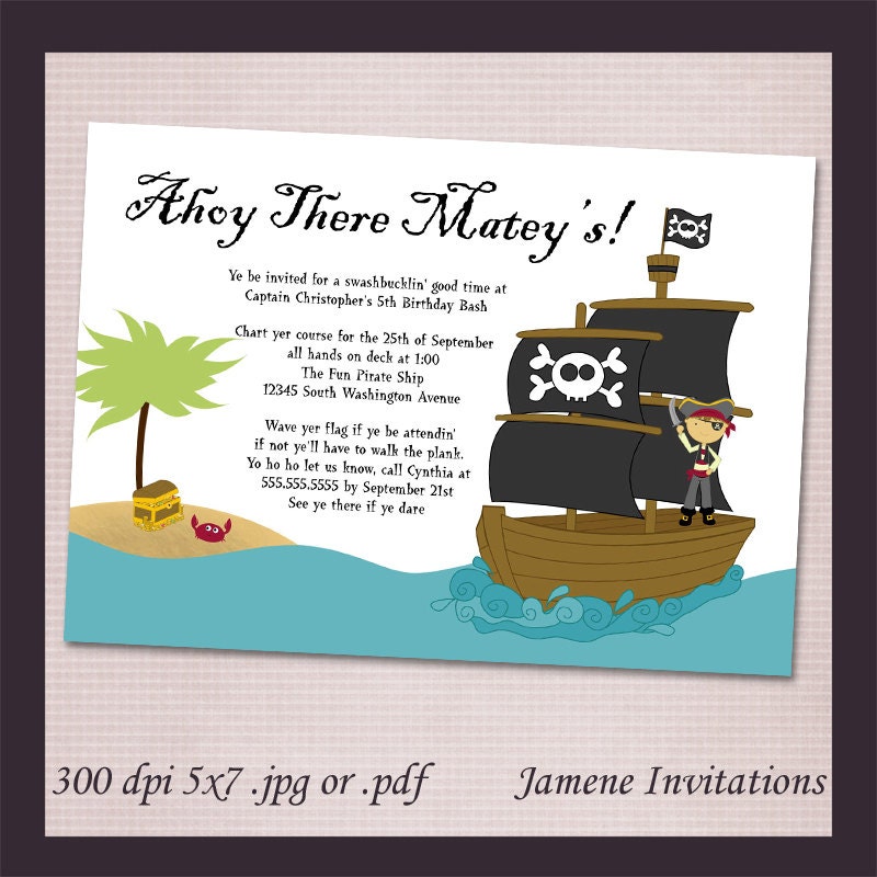 Boy's pirate birthday party invitation digital download file - Print Your Own Il_170x135