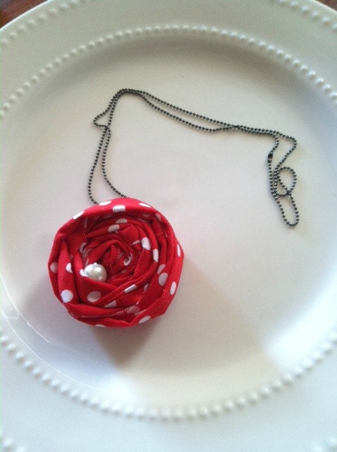 Fabric Rose Necklace (red w/ white polka dots)