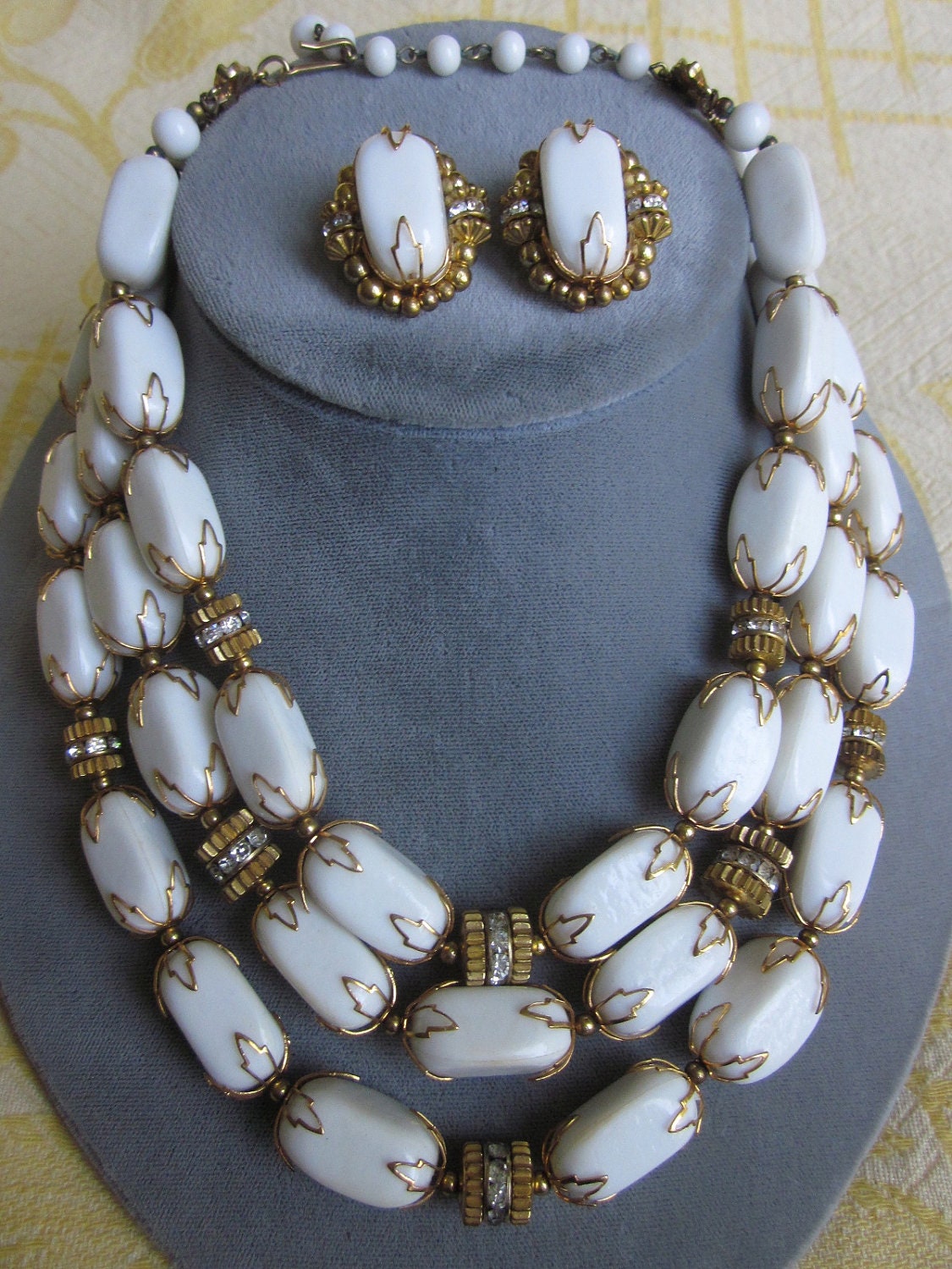 Vintage Signed Deauville Gold & White Bead 3 Strand Choker Necklace Earrings Set