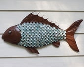 Nautical Wall Decor Metal Fish with Aqua Limpet Shell Scales - Brown and Aqua