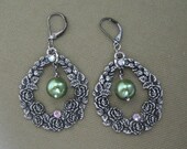 Green Pearl Silver Rose Wreath Dangle Earrings