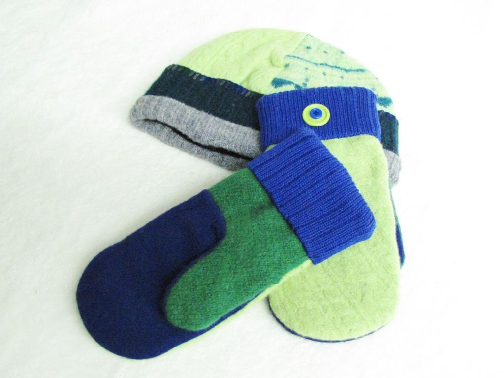 Felted Wool Sweater Mitten & Hat Set Made from Recycled Upcycled  Sweaters, Fleece Lined, Custom Knit Wool Cuff Size Adult M/L - 6
