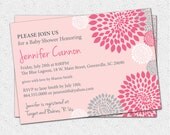 Baby Shower Invitation Girl, Printable, White, Hot and Pale Pink and Grey Gray Floral Modern, DIY Digital File