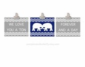 Elephant Nursery Set  - 8x10 Print, Modern Nursery, Chevron, Elephant Print, Kids Wall Art, Navy Blue, Grey, Custom Color, We Love You A Ton