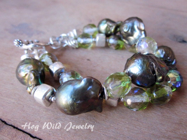 Multi strand green baroque pearls and crystal bracelet