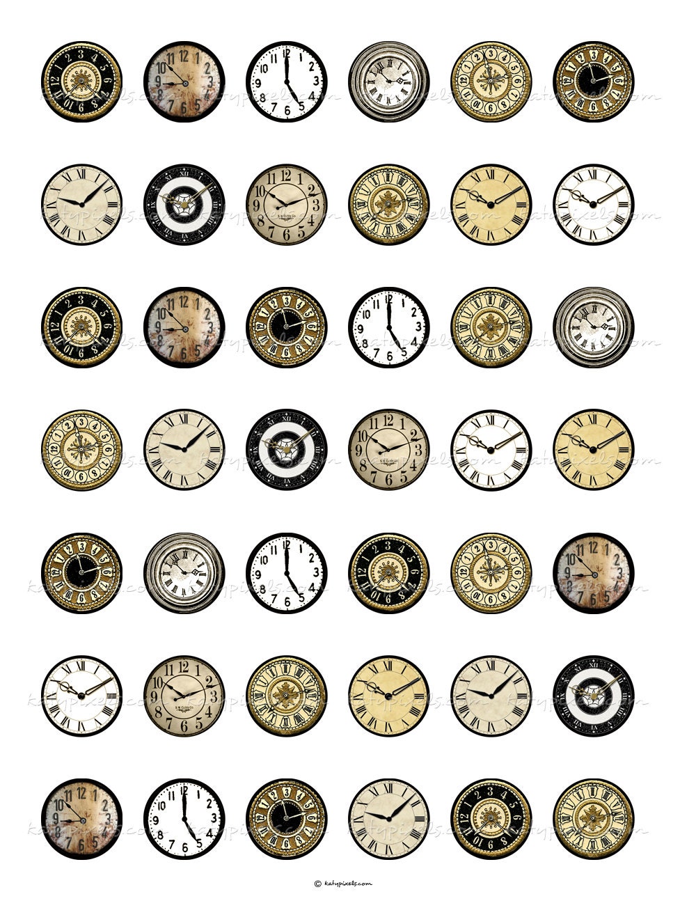 Vintage Clock Faces 1 inch Circles Digital Collage Sheet - Buy 3 Get 1 Free