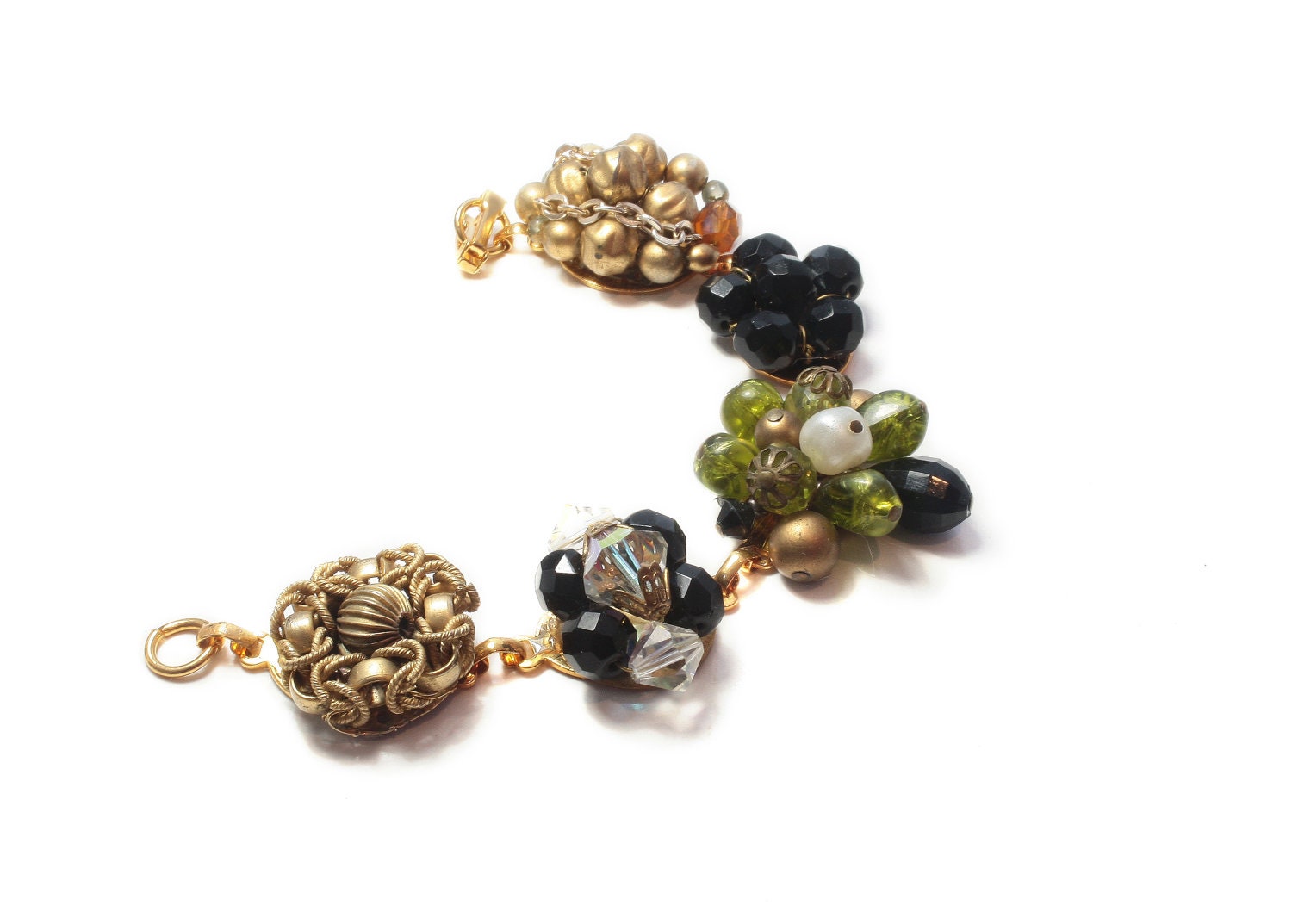 Recycled jewelry.  Vintage earring bracelet . Stunning and one of a kind. Forest. Free international shipping