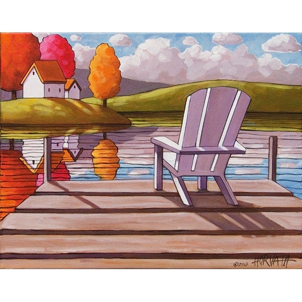 PAINTING ORIGINAL Summer Deck Chair Cottages on Rippling Water Modern Folk Art Scenic Landscape Abstract Fine Artwork by Horvath 11x14