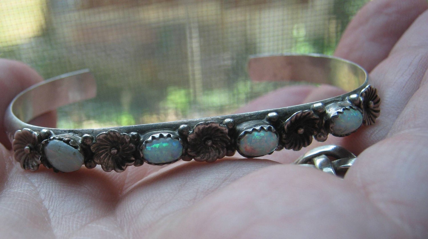 Reserved for Amy Navajo Southwestern Sterling Silver Cuff Hand Crafted with Opals and Sterling Fowers Ladies Cuff by Running Bear