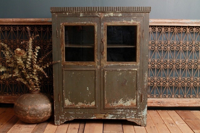 Industrial Green Vintage Indian Distressed Rustic Storage Kitchen Bathroom Cabinet