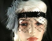 Flapper Headband,1920s Head Piece, Art Deco Headband, Peacock Feather, Silver/Grey Ostrich Plumes, Black Sequins, Veil, Great Gatsby