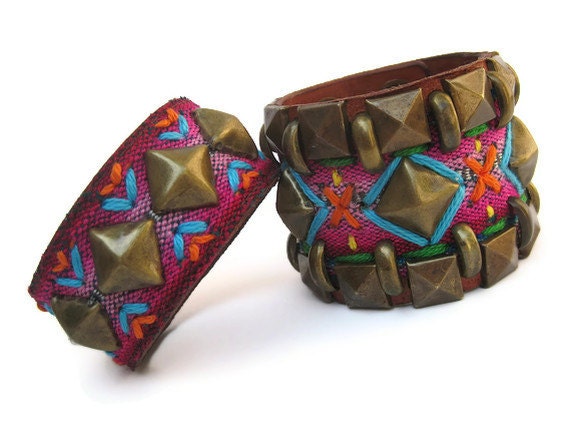 SALE Leather Band Cuff woven detail and Pyramid Studs in Antique Brass