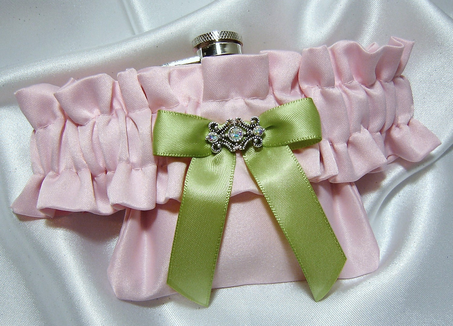 Flask Garter - Light Pink Satin Flask Garter with Green Bow and Crystal Charm -  3 oz Stainless Steel Hip Flask Included - Great Gift Idea