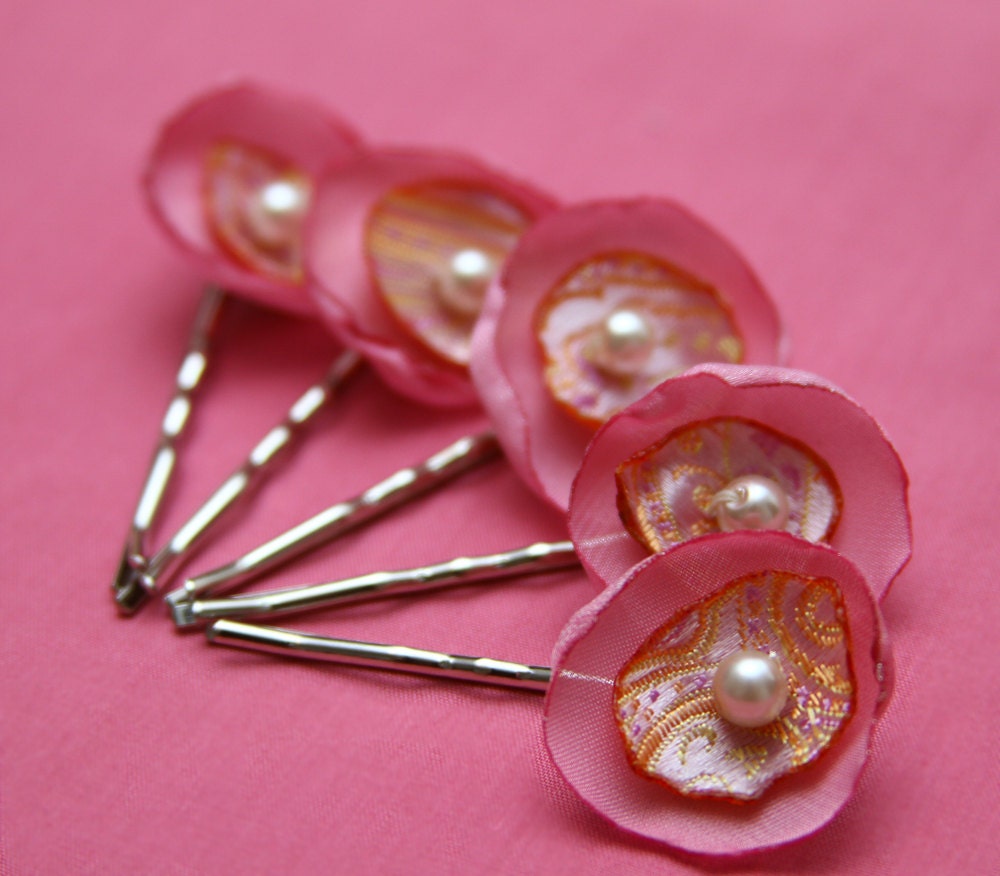 Pink poppies hair pin set