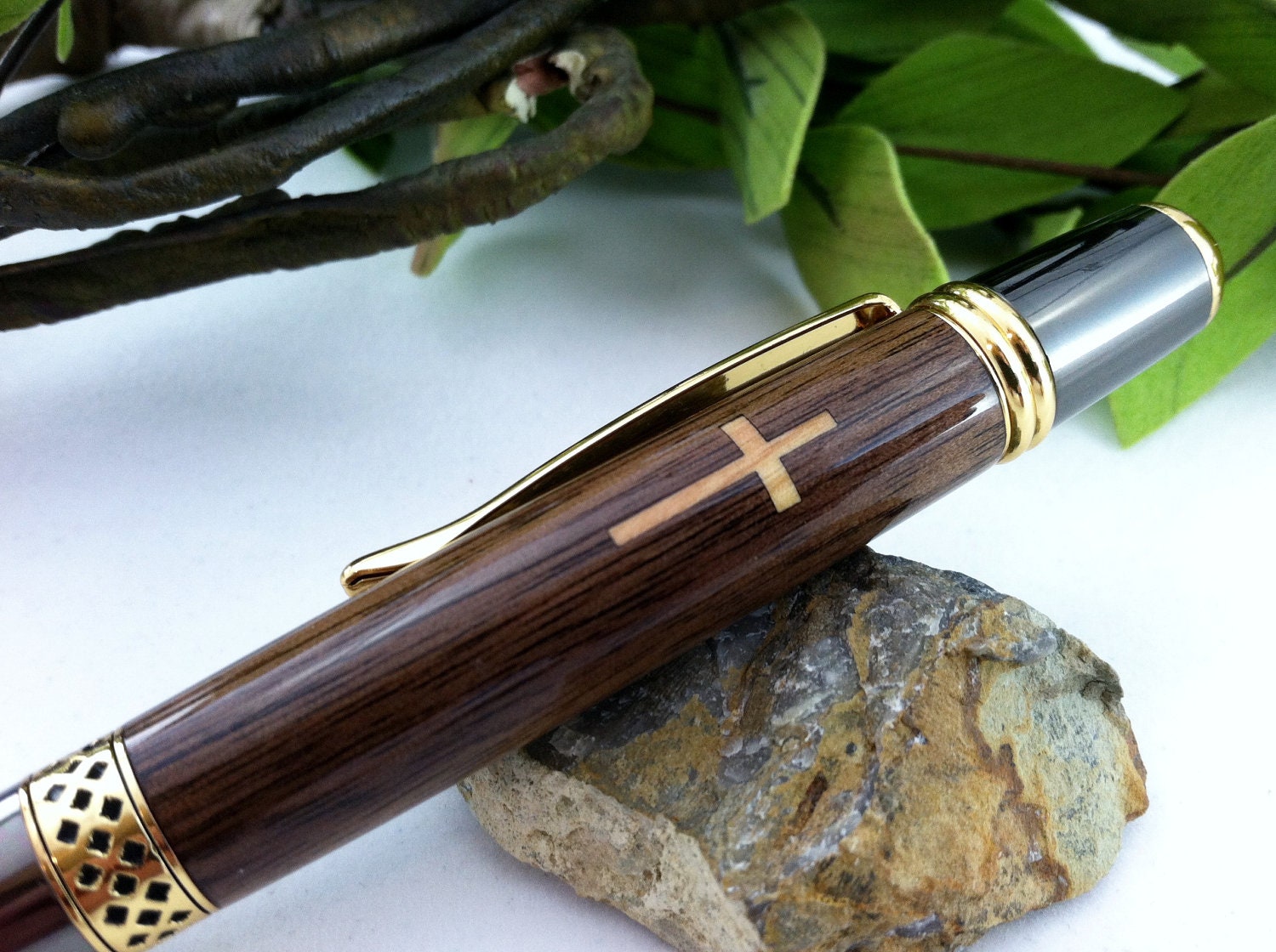 Personalized Walnut and Bethlehem Olivewood Holy Cross Inlay Writing Pen - FREE Engraving