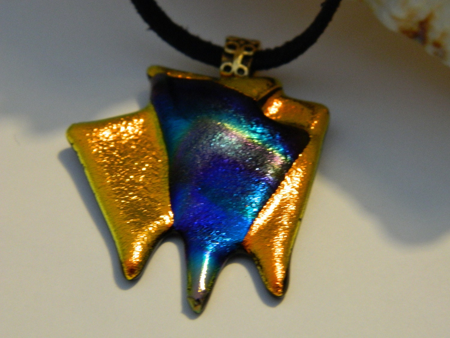 Modern Art Dichroic Gold and Rainbow Fused Glass Pendant Necklace